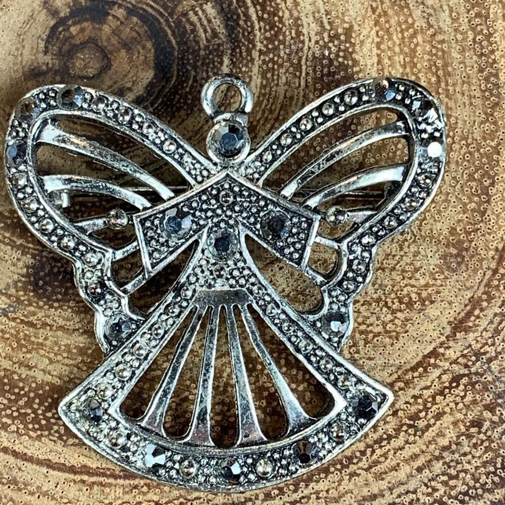 Silver Rhinestone Angel Brooch 1.5” tall